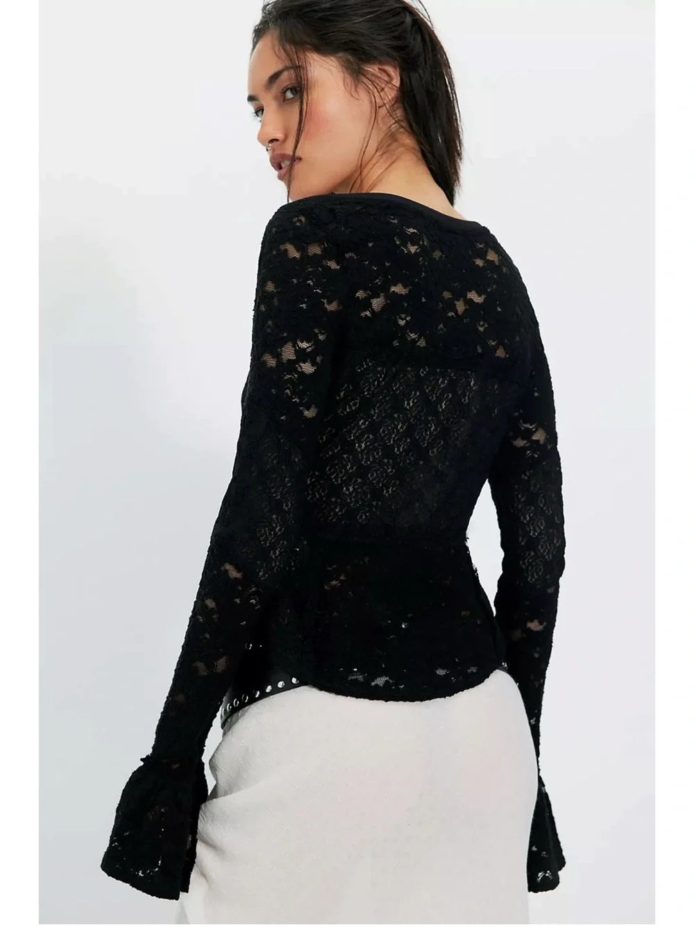 Free People Witchy Victorian Sheer Lace Flared Long Sleeve Top Black Small NWT